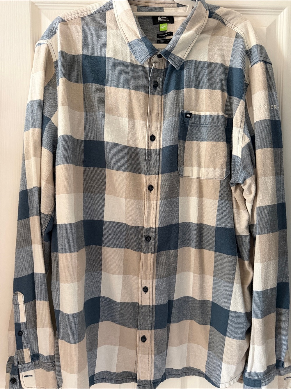 Quiksilver Blue and Tan Plaid Button-Up Shirt